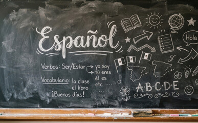 Espanol pizarron escolar con leccion de gramatica y vocabulario para clases de idiomas