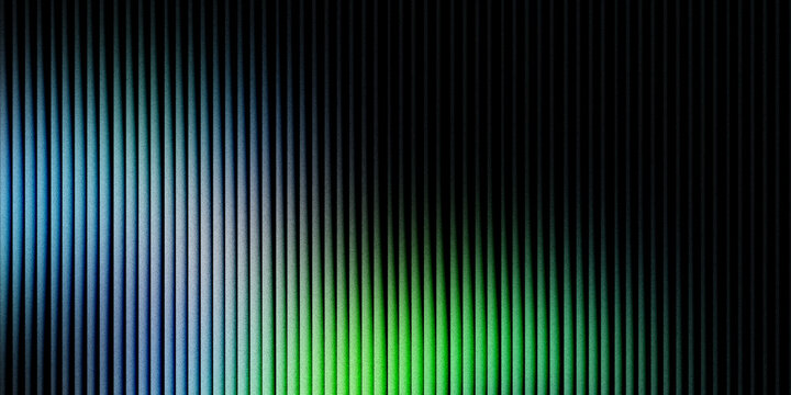 Abstract background of vertical parallel lines with a gradient of blue and green light on a dark texture