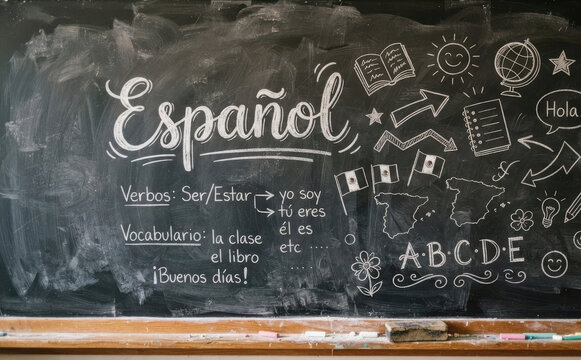 Espanol pizarron escolar con leccion de gramatica y vocabulario para clases de idiomas