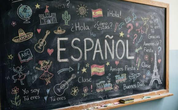 ESPANOL, pizarra de educacion y aprendizaje de idiomas, concepto escolar para clases de espanol y ensenanza