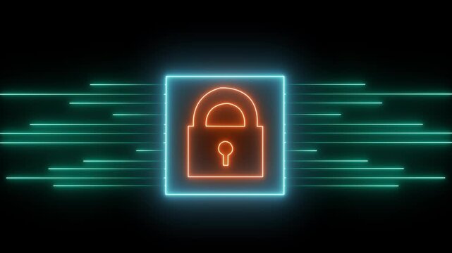 Neon cyber security shield with glowing data streams, digital privacy and network protection concept
