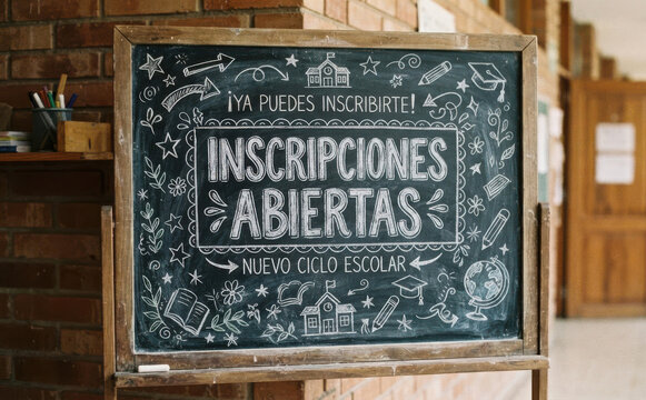 INSCRIPCIONES ABIERTAS NUEVO CICLO ESCOLAR pizarra escolar con mensaje de matricula abierta para educacion y regreso a clases