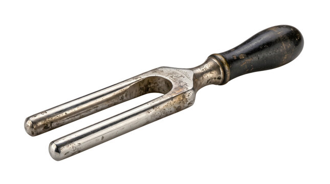 Vintage surgical tuning fork with metal prongs and dark wooden handle serves as diagnostic instrument for hearing tests and neurological sensory evaluation use.