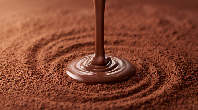 Smooth melted chocolate pouring into cocoa powder with circular ripples, rich brown dessert ingredient background for confectionery and baking concepts