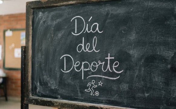 D&iacute;a del Deporte escrito en pizarra escolar para celebrar la actividad f&iacute;sica y el ejercicio en la educaci&oacute;n