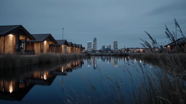 Dusk Waterfront Reflections Over City Skyline.