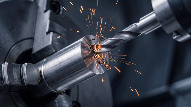 Industrial CNC machining close-up with cutting tool shaping metal workpiece on lathe, sparks flying in precision manufacturing workshop environment