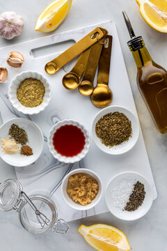 Top down view of recipe ingredients used for making a homemade marinade. 
