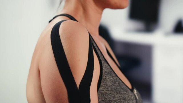 Kinesiology medical taping, doctor Physical therapist applying elastic surgical tape to patient body, treating injured knee young athlete.Post traumatic rehabilitation, sport physical therapy recovery
