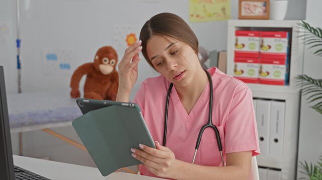 Woman doctor in pink scrubs with stethoscope holds tablet, hand on head in medical building; compassion fatigue.