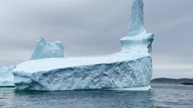 Big icebergs floating on Atlantic Ocean, drifting from Greenland to Newfoundland. non-tabular, pinnacled iceberg, featuring a prominent, vertical spire on one end and a broad, sloping shelf base. 