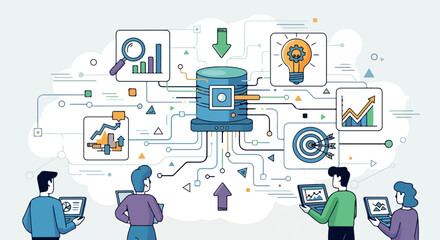 Naklejka premium Conceptual Illustration of Cloud Computing and Digital Data Management Workflow for Business Team Collaboration