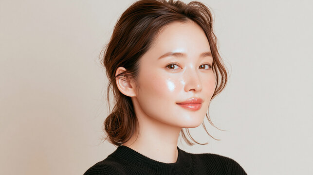 美容, 女性, スキンケア, 化粧品, ビューティー, 若い女性, 美肌, 日本人, アジア人, フェイシャル, メイク, 美容液, 保湿, クリーム, エイジングケア, 美容医療, エステ, 美容クリニック, 肌ケア, ナチュラルメイク, 透明感, ツヤ肌, モデル, 笑顔, ポートレート, クローズアップ, リラックス, 癒し, 健康的, 美白, コラーゲン, ヒアルロン酸, アンチエイジング