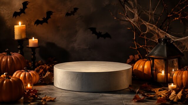 Halloween product podium display with pumpkins candles bats and spider webs on dark spooky background