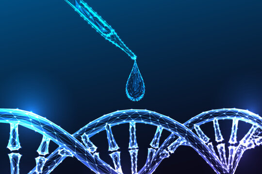 DNA Double Helix Laboratory Pipette Genetic Testing Diagnostics Glowing Blue Polygonal Vector