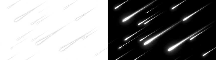 White meteor shower with falling stars streaking across night sky in PNG, Transparent and Black Background Versions © Guddoo
