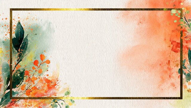 Autumn Watercolor Floral Frame with Gold Border and Copy Space for Social Media Template