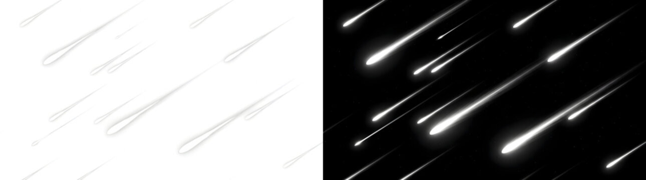 White meteor shower with falling stars streaking across night sky in PNG, Transparent and Black Background Versions