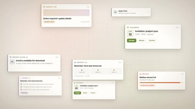 Email inbox overload with piling notification cards and rising unread message counter