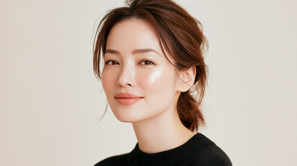 Obraz premium 美容, 女性, スキンケア, 化粧品, ビューティー, 若い女性, 美肌, 日本人, アジア人, フェイシャル, メイク, 美容液, 保湿, クリーム, エイジングケア, 美容医療, エステ, 美容クリニック, 肌ケア, ナチュラルメイク, 透明感, ツヤ肌, モデル, 笑顔, ポートレート, クローズアップ, リラックス, 癒し, 健康的, 美白, コラーゲン, ヒアルロン酸, アンチエイジング