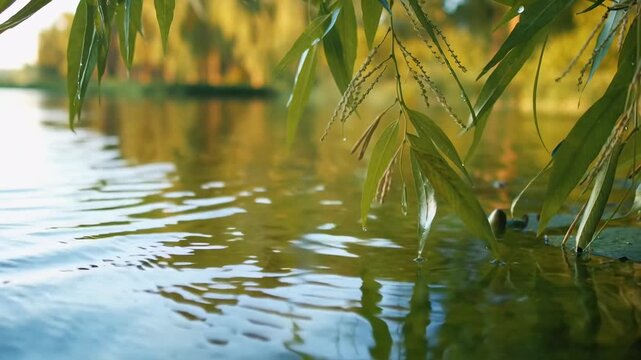 Serene video of willow branches over a tranquil lake, captured from a low angle. Live desktop wallpaper.