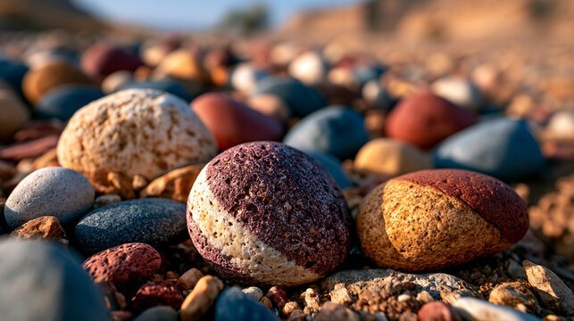 Colorful natural smooth pebbles and rocks scattered on sandy ground outdoors with outdoor nature