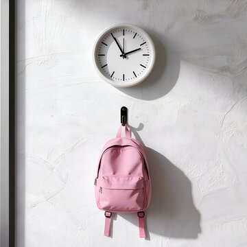 Blank White Wall Clock with Pink Backpack Hanging on Wall Hook