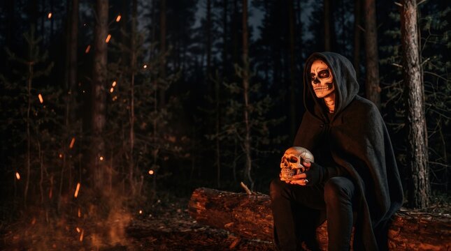 Person in skull makeup wear black hooded cloak sit in night forest hold skull for horror scene