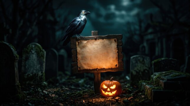 Black raven perch on wooden board in spooky graveyard with jack-o-lantern for halloween message