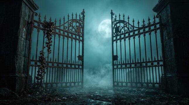Rusty iron cemetery gate stand open in foggy graveyard at night under full moon for horror theme