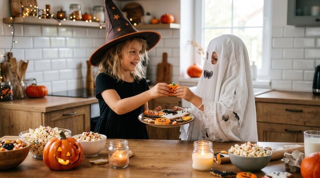 Child in witch and ghost costume share halloween cookie in kitchen for holiday celebration concept