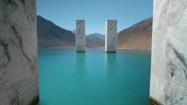 Majestic marble caves chili pillars standing in turquoise lake water