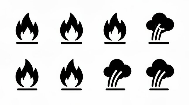 Black icons depicting flames and smoke rising above horizontal lines on a white background.