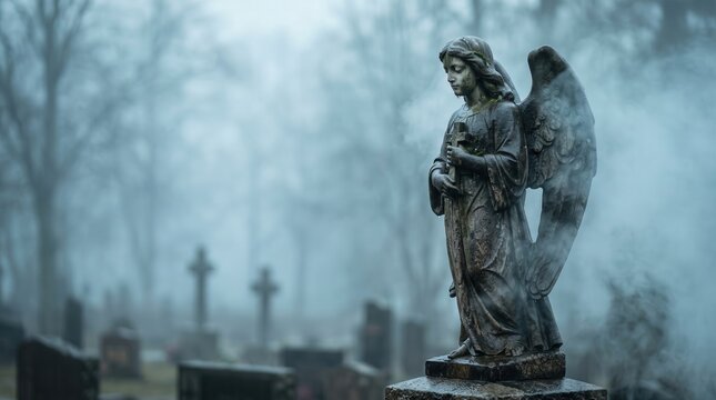 Stone angel statue hold cross in foggy cemetery for spiritual grief concept