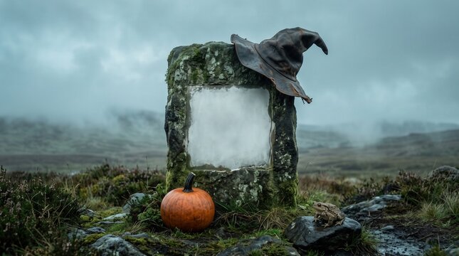 Ancient stone tablet with witch hat and pumpkin in misty landscape for Halloween copy space