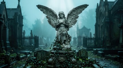 Fototapeta premium Victorian angel statue pray in mist at gothic cemetery for memorial and spiritual concept