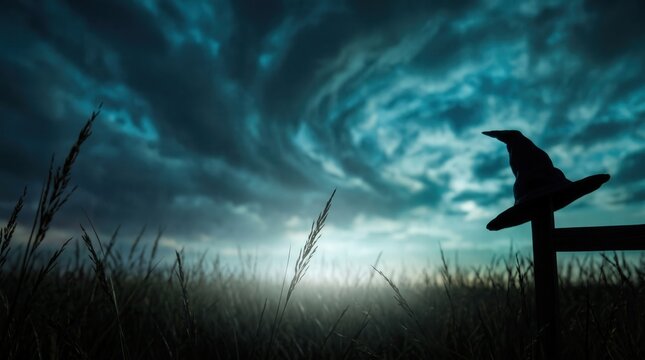 Witch hat sit on fence post in tall grass field under dramatic storm sky for Halloween theme