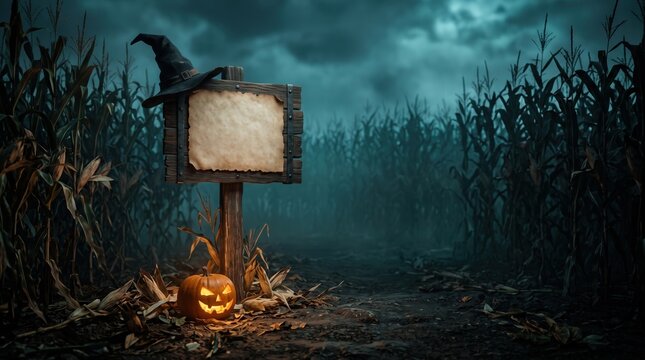 Witch hat on wooden sign with blank parchment in spooky cornfield with pumpkin for Halloween