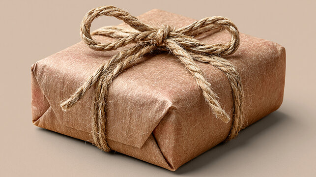 Small gift box wrapped in rustic brown paper and tied with twine string bow