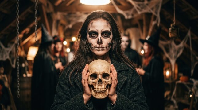 Woman with skull face paint hold human skull prop at Halloween party in spooky attic for holiday concept