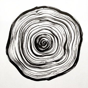 A minimalist, hand-drawn black ink illustration featuring uneven concentric rings, reminiscent of tree growth rings or ripples in water on a clean white background.