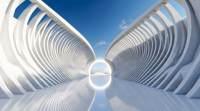 Symmetrical white futuristic parametric rib corridor with reflective floor leading toward a bright circular sunlit horizon.