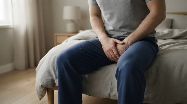 Man on bed holding groin due to pelvic pain or prostate health issues, showing symptoms of medical discomfort or urinary concern