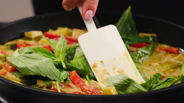 Green curry tofu soup cooking. Thai green curry soup in a white bowl on a white plate with dark background. Flat lay, overhead