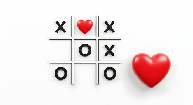 Red heart and black X O symbols playing tic tac toe