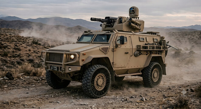 Modern Armored Tactical Vehicle with Minigun Turret Driving Through Dusty Desert at Dusk
