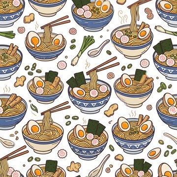 Seamless cute Japanese ramen noodle and ingredients vector doodle pattern