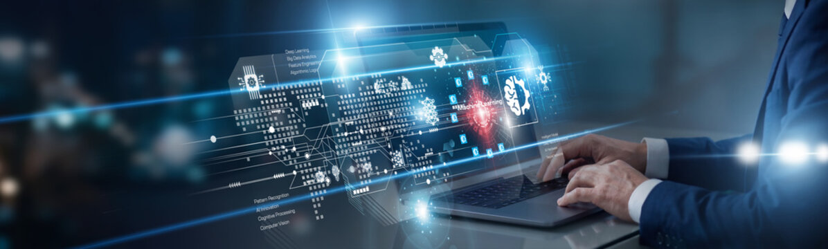 Data scientist working on laptop training a Machine Learning model to recognize complex visual patterns. He refines algorithmic accuracy to improve automated recognition systems for the firm.