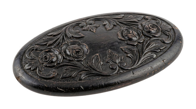 Carved black wooden oval lid displays relief floral rose patterns suitable for decorative jewelry boxes or craft projects requiring classic botanical wood texture.