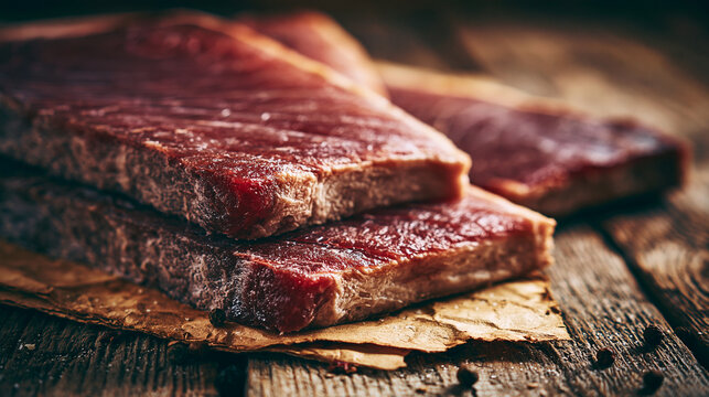 Slices of dried beef jerky arranged on old wooden background with dried meat beef snack cured meat